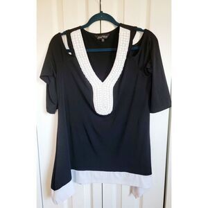 Slinky Brand M Blouse Cold‎ Shoulder 1/2 Sleeve Stretch Beaded MADE IN USA B/W